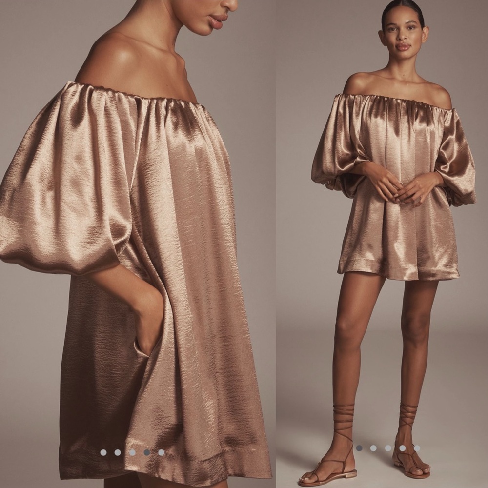 @heynasreen × Mare Mare Off-The-Shoulder Puff-Sleeve Shine Mini Dress